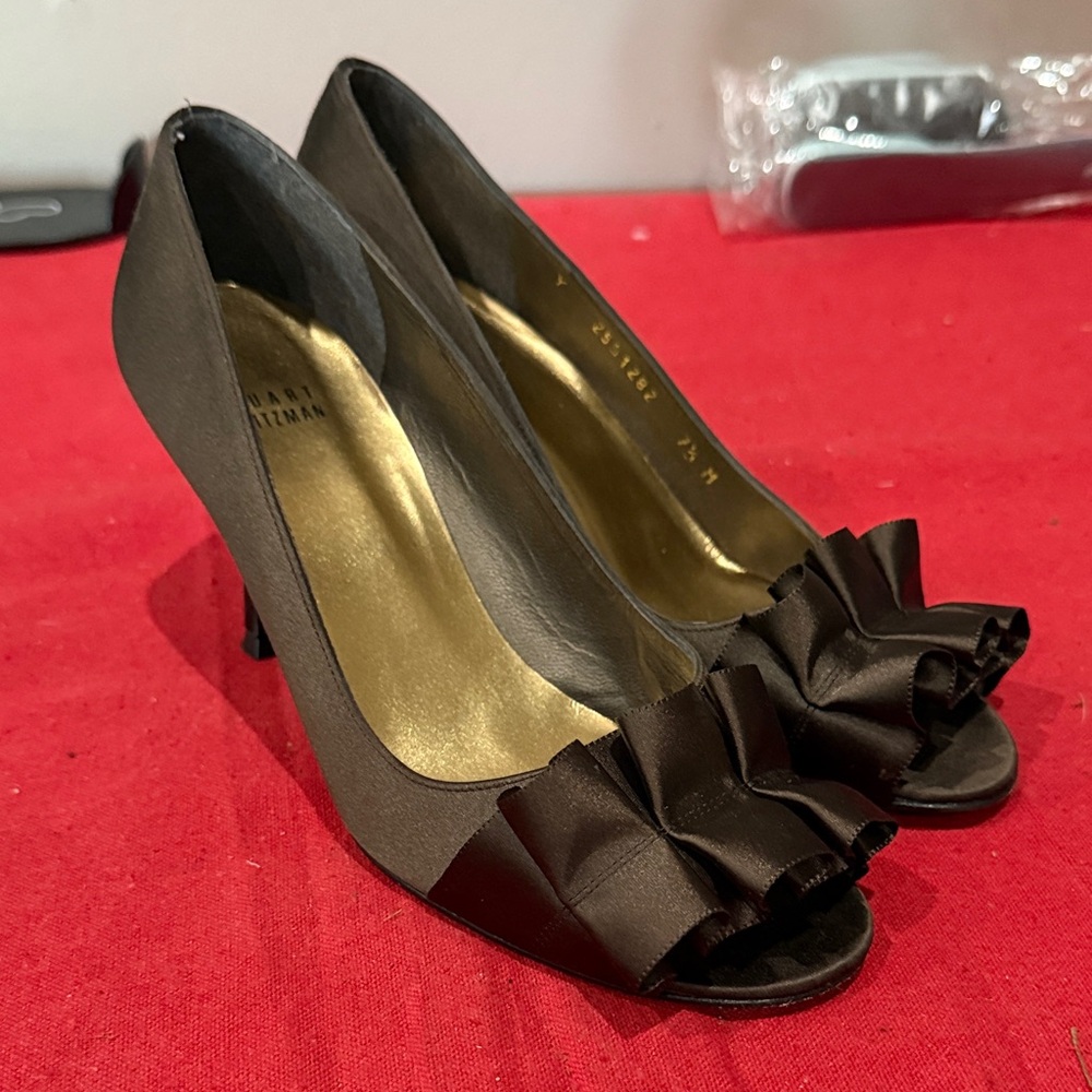 Stuart Weitzman Dark Brown Ruffle Peep-Toe Heels - image 1